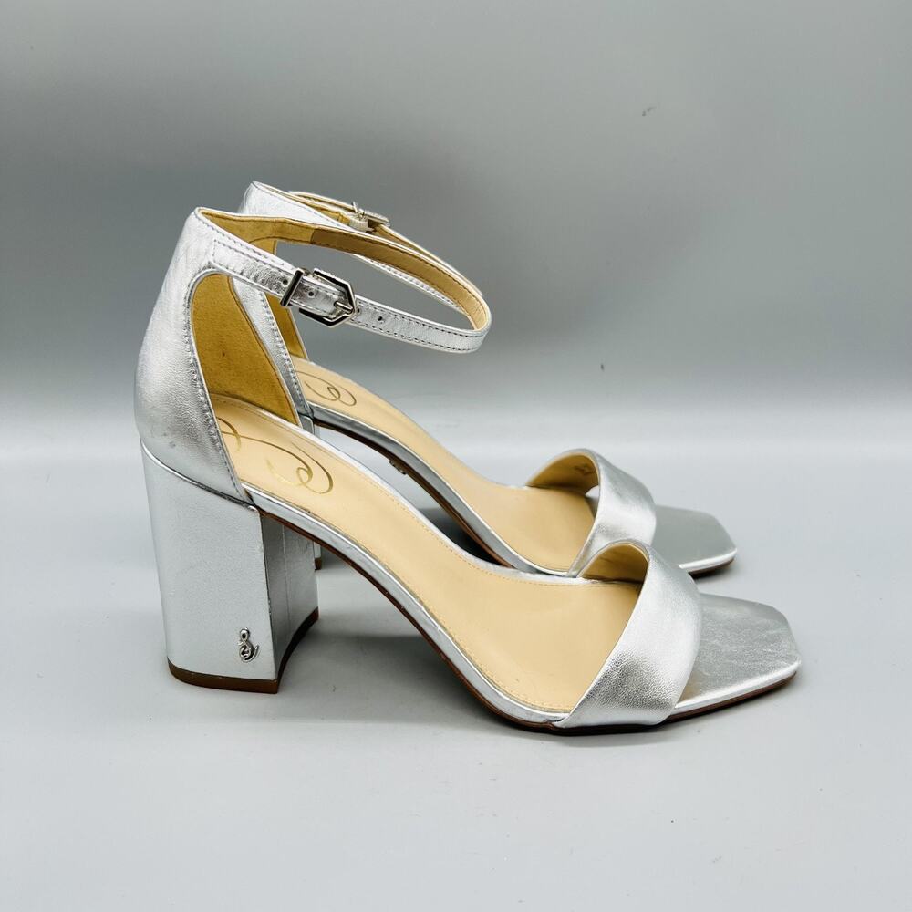 Sam Edelman Sandals Womens 9 Silver Leather Ankle Block Heel Shoes